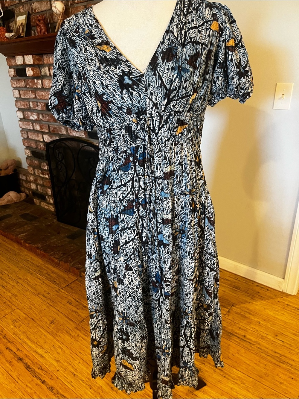 Ulla Johnson Blue Patterned V-Neck Midi Dress with Gold Accents